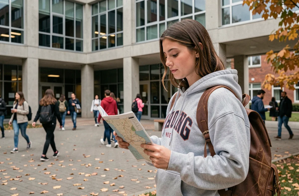 Étudiante en école d'ingénieurs consultant un plan de campus lors d'un changement d'établissement dans le cadre du programme LISE ENSAM