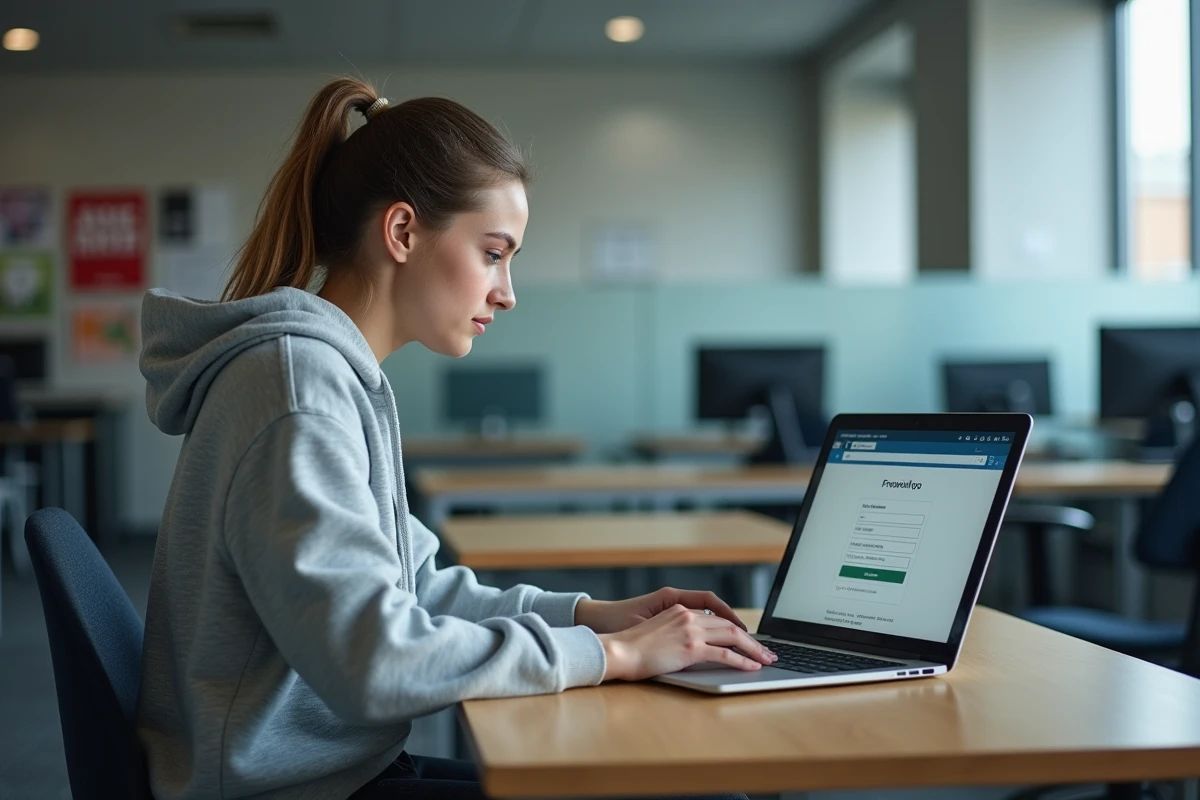 Étudiante configurant sa messagerie sur l'ENT de Centrale Marseille depuis un ordinateur portable en salle informatique universitaire