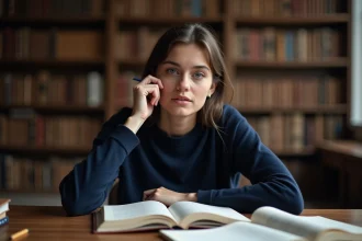 Étudiante en philosophie révisant sa dissertation sur la vérité dans une bibliothèque universitaire, entourée de livres et de notes manuscrites