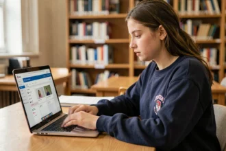 Étudiante consultant ses résultats d'examen sur le portail ENT Assas depuis une bibliothèque universitaire