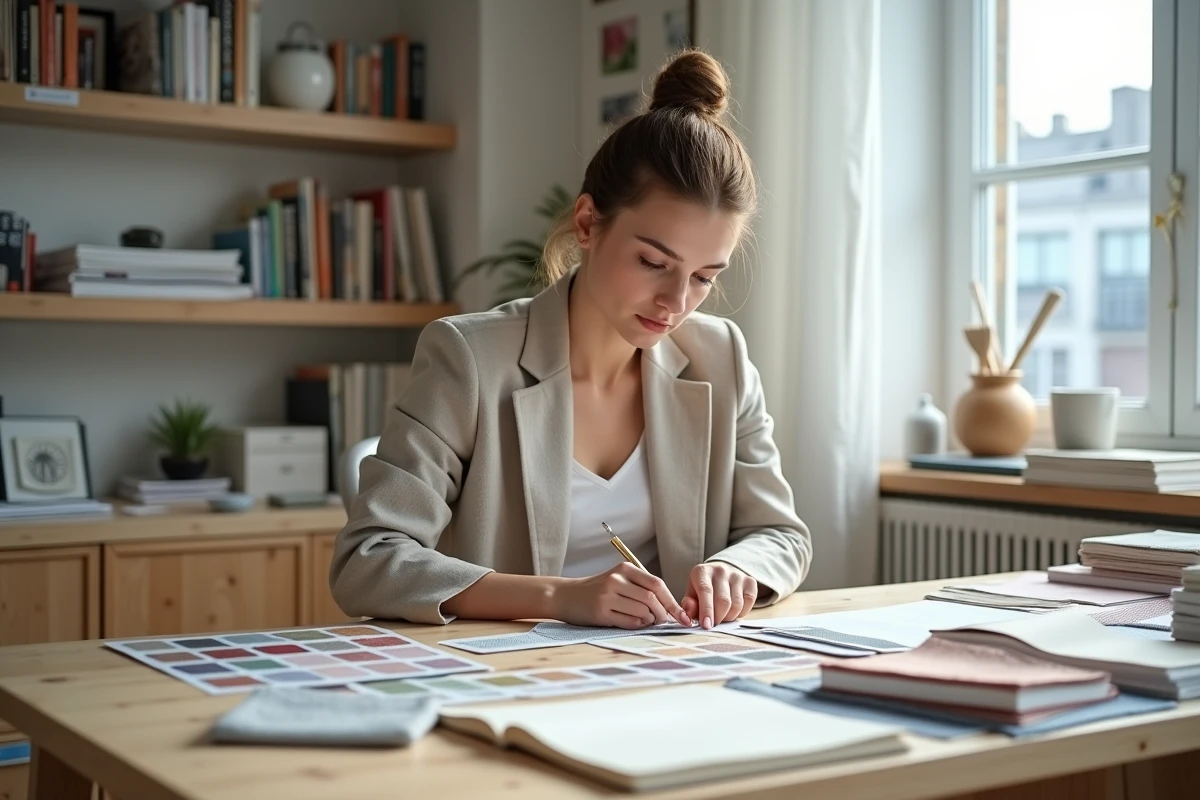 Étudiante en décoration intérieure analysant des échantillons de tissus et palettes de couleurs à son bureau de travail