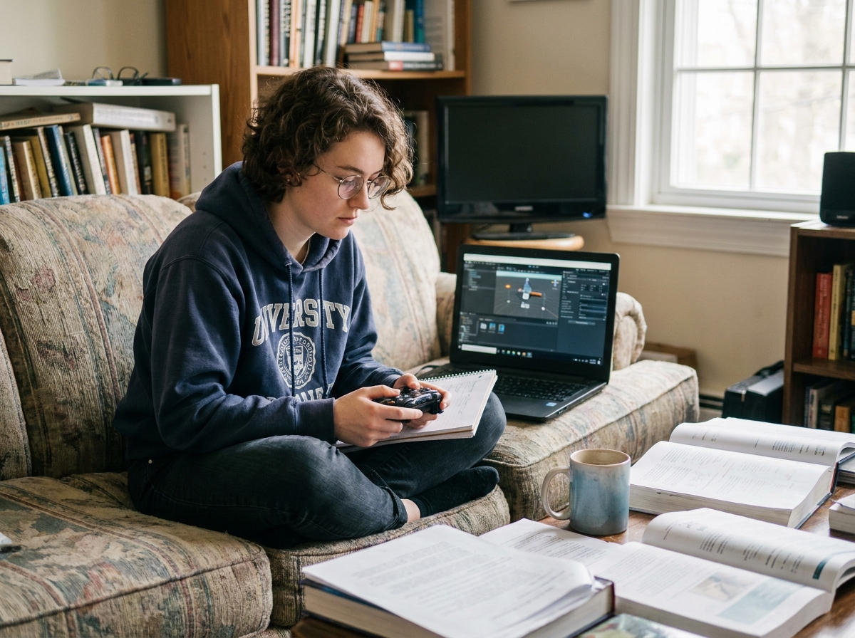 Jeune femme étudiante en game design révisant ses cours chez elle avec une manette et un ordinateur portable ouvert sur un moteur de jeu