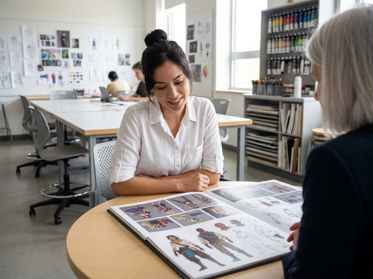 Étudiante en illustration présentant son portfolio de concept art lors d'une session de mentorat dans une école de design