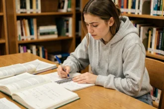 Étudiante en prépa écrivant des formules trigonométriques cos sin dans un cahier à la bibliothèque universitaire