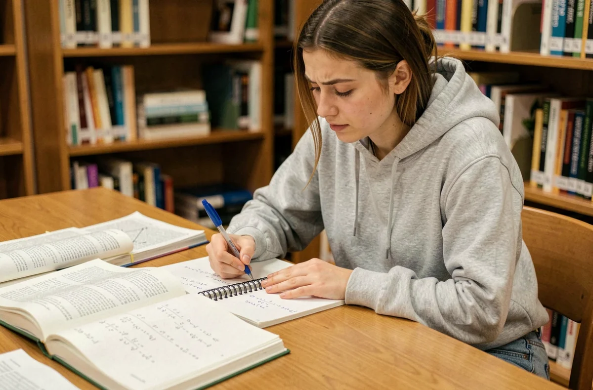 Étudiante en prépa écrivant des formules trigonométriques cos sin dans un cahier à la bibliothèque universitaire