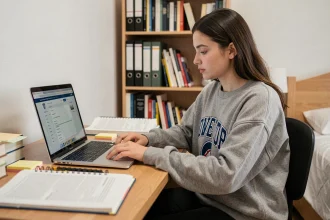 Étudiante en télétravail devant son ordinateur portable sur un bureau en bois avec manuels universitaires et notes autocollantes