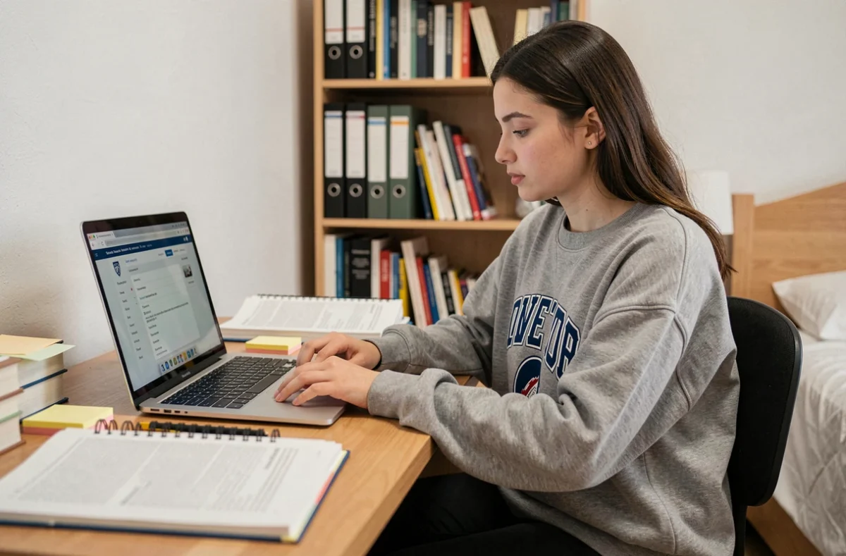 Étudiante en télétravail devant son ordinateur portable sur un bureau en bois avec manuels universitaires et notes autocollantes