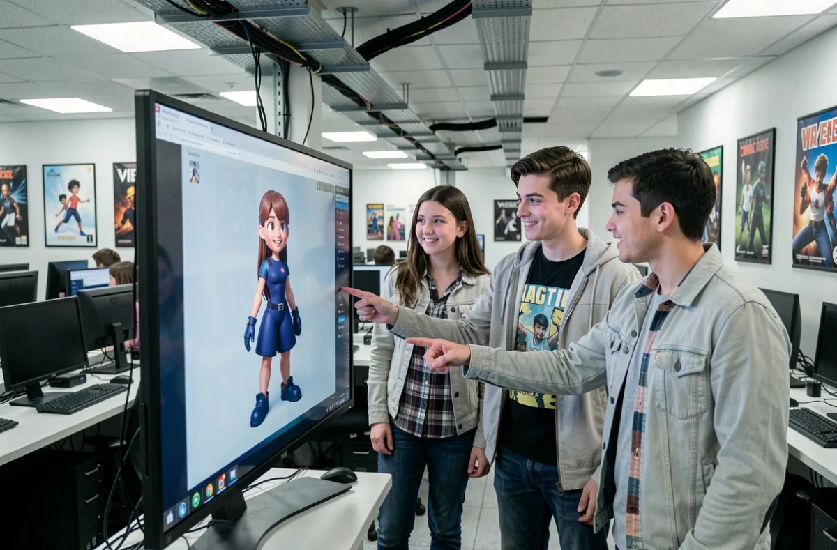 Groupe d'étudiants en animation 3D collaborant devant un écran dans une salle informatique de l'école Gobelins