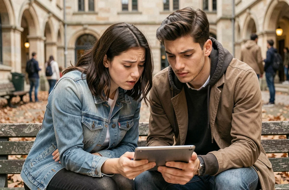 Deux étudiants de l'université Assas consultant ensemble leurs résultats d'examens sur une tablette dans la cour du campus