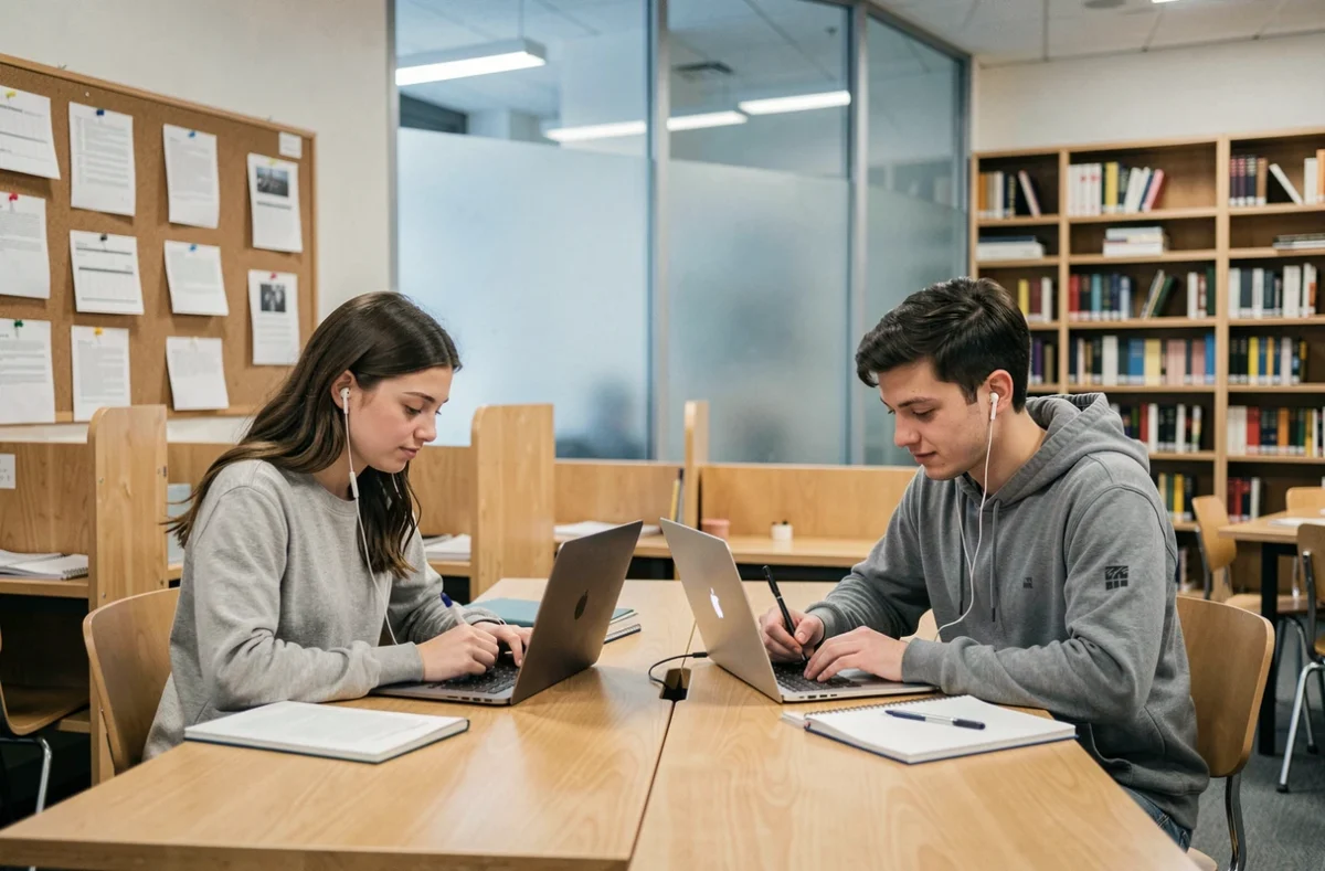 Deux étudiants travaillant côte à côte sur leurs ordinateurs portables dans une salle d'étude de bibliothèque universitaire