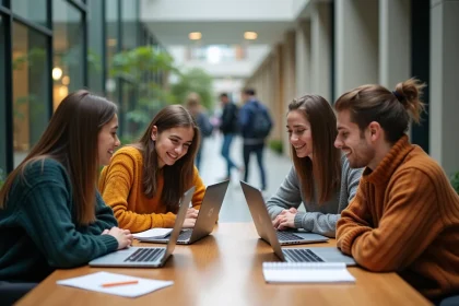 Groupe d'étudiants en discussion dans un campus moderne