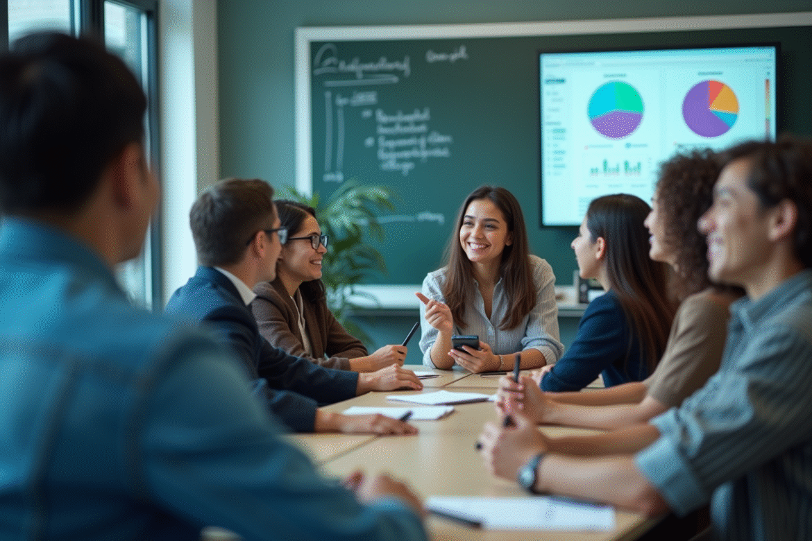 Etudiants universitaires collaborant avec un tableau interactif