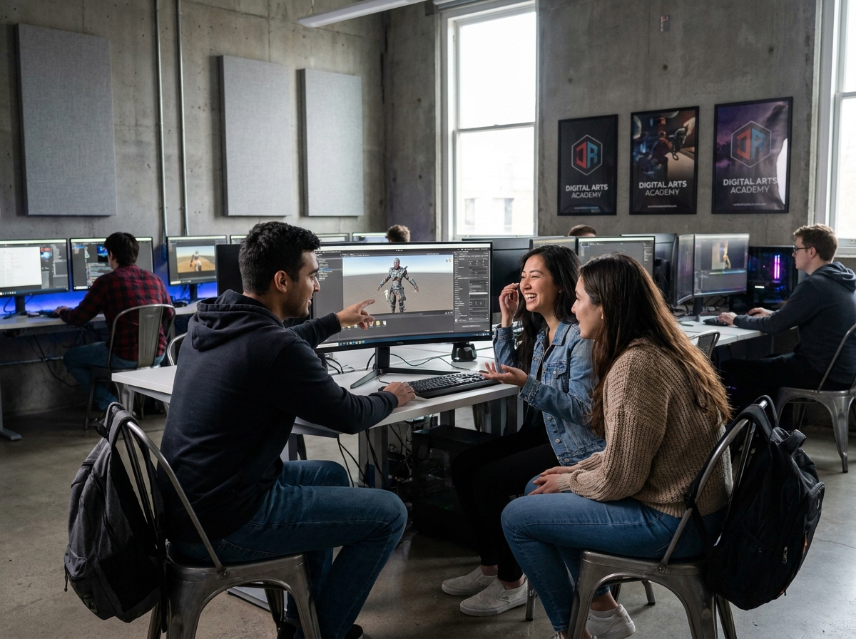 Groupe d'étudiants en école de jeu vidéo collaborant sur un projet de création de personnage 3D dans un studio professionnel