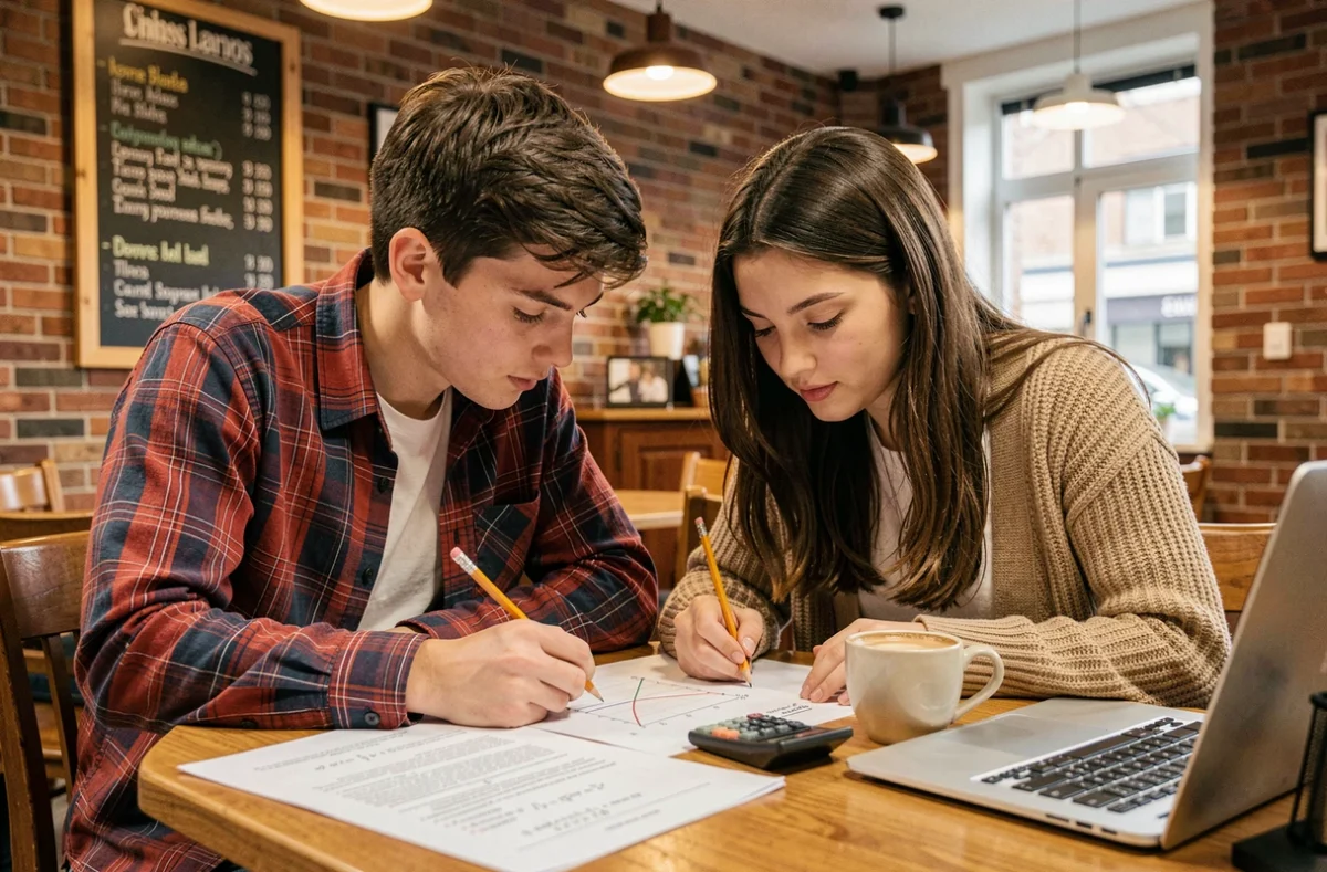 Deux étudiants en prépa travaillant ensemble sur des formules trigonométriques cos sin dans un café universitaire