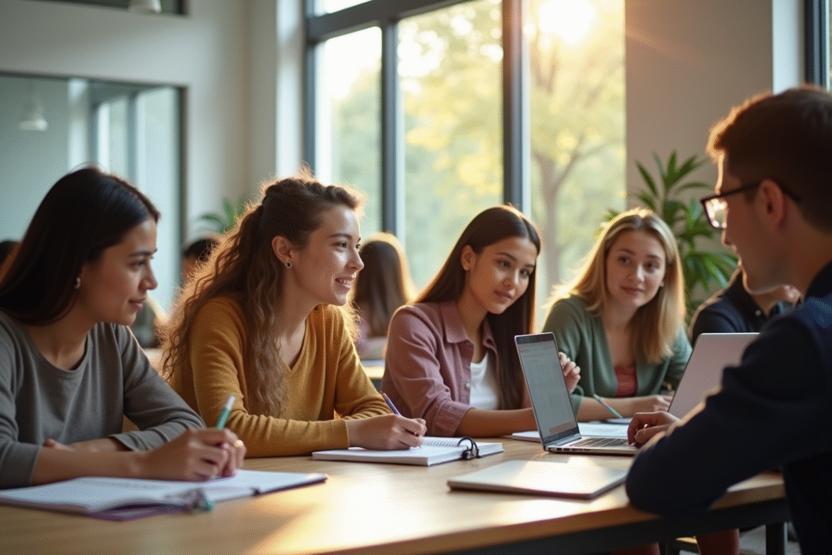 Étudiants universitaires en groupe dans une salle lumineuse