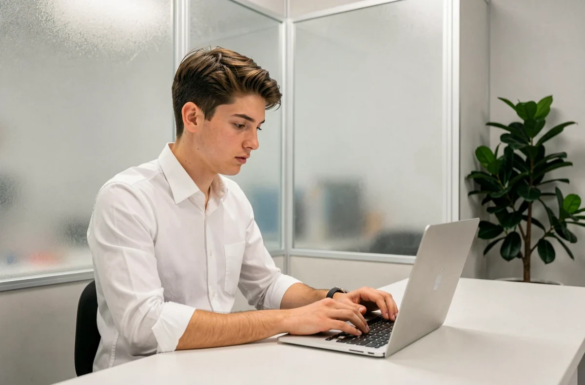 Étudiant travaillant sur son ordinateur portable dans une salle d'étude de l'Eucléa Business School