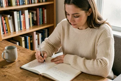 Femme écrivant dans un carnet sur un bureau en bois, pratiquant un exercice d'écriture quotidien dans un bureau cosy à domicile