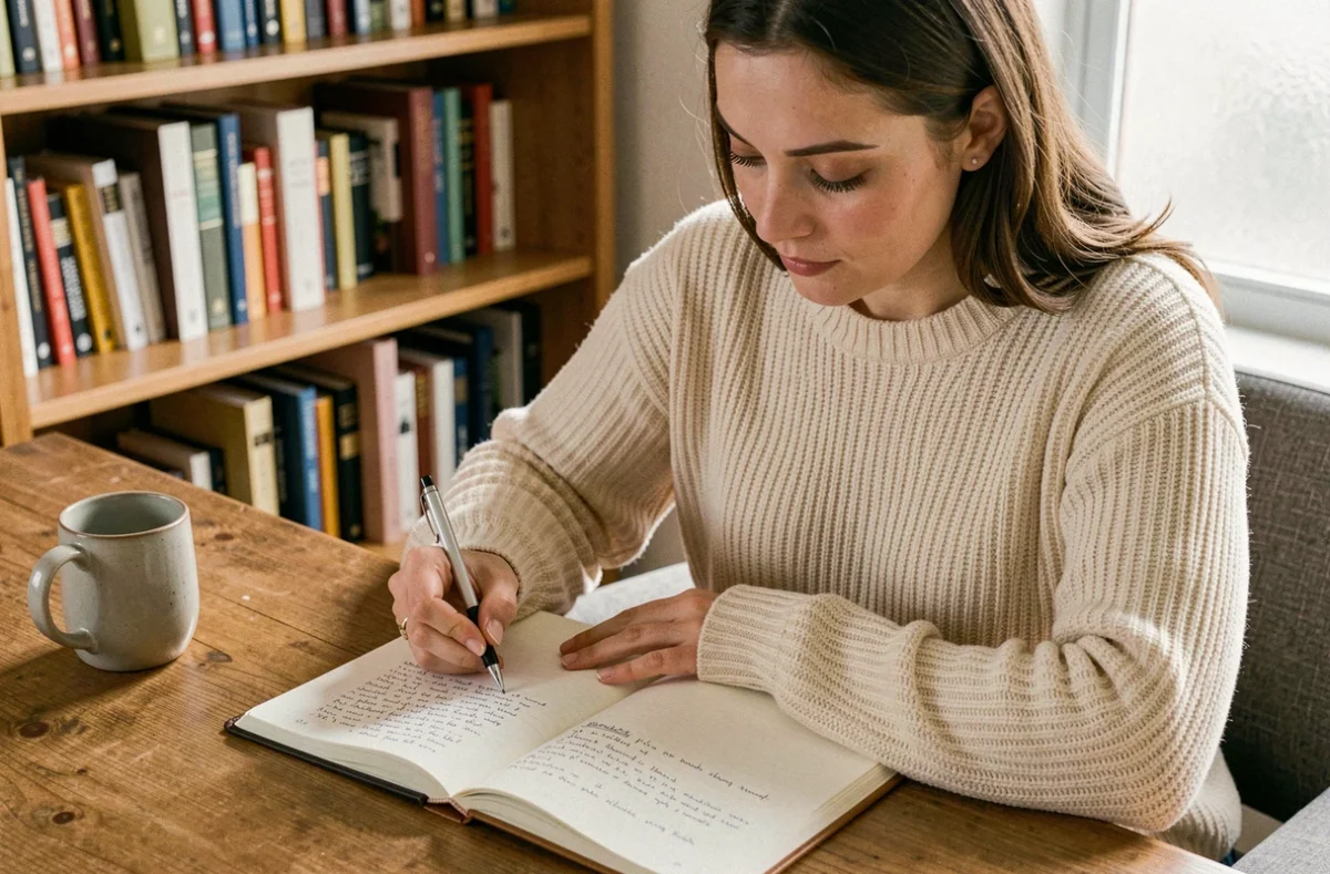 Femme écrivant dans un carnet sur un bureau en bois, pratiquant un exercice d'écriture quotidien dans un bureau cosy à domicile