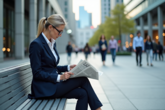 Femme d'affaires en costume lisant un journal en ville