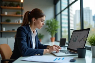 Femme professionnelle analysant des graphiques financiers au bureau