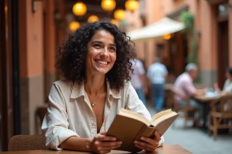 Femme apprenant l'arabe avec un guide de voyage dans un café de médina marocaine