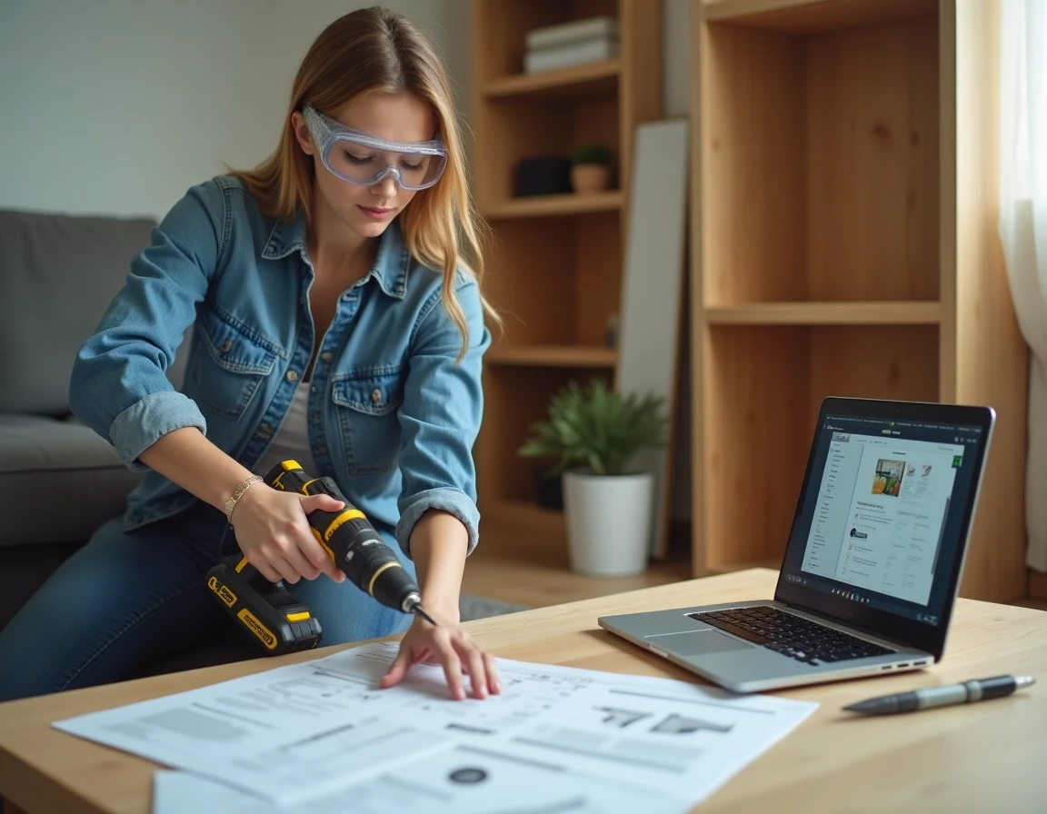 Femme assemblant une étagère en bois chez elle en suivant un tutoriel de bricolage sur ordinateur portable