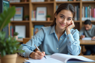 Femme concentrée à son bureau dans une bibliothèque