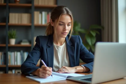 Femme en bureau moderne utilisant LinkedIn sur son ordinateur