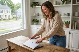 Femme souriante dans un bureau lumineux en lin et jeans