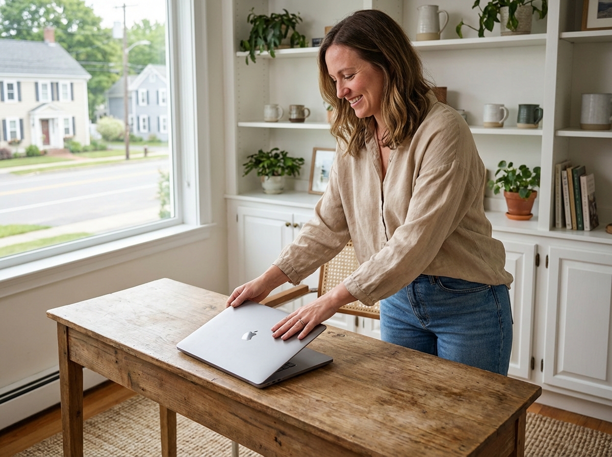 Femme souriante dans un bureau lumineux en lin et jeans