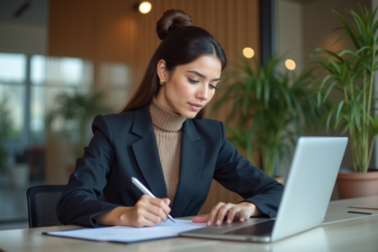 Femme en blazer prenant des notes dans un bureau moderne