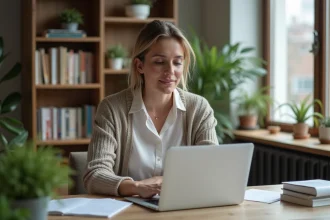Femme en bureau à domicile utilisant un ordinateur portable