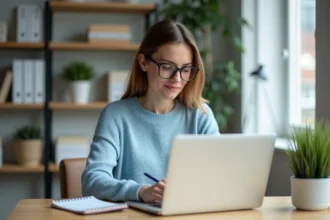 Femme concentrée dans un bureau lumineux avec ordinateur