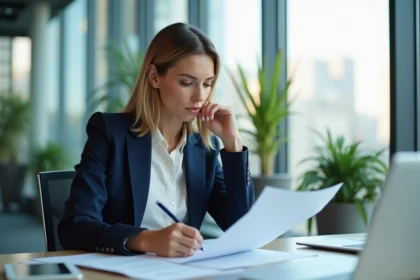 Femme en bureau moderne réfléchissant sur un document
