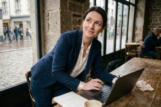 Femme en blazer et jeans au café à SaintBrieuc