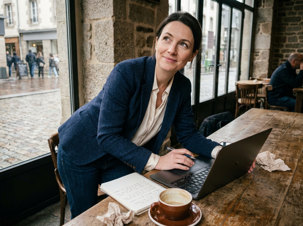 Femme en blazer et jeans au café à SaintBrieuc