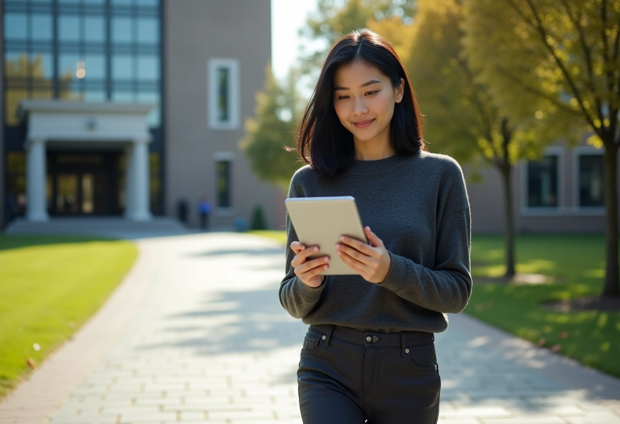 Jeune femme marchant sur le campus universitaire avec tablette
