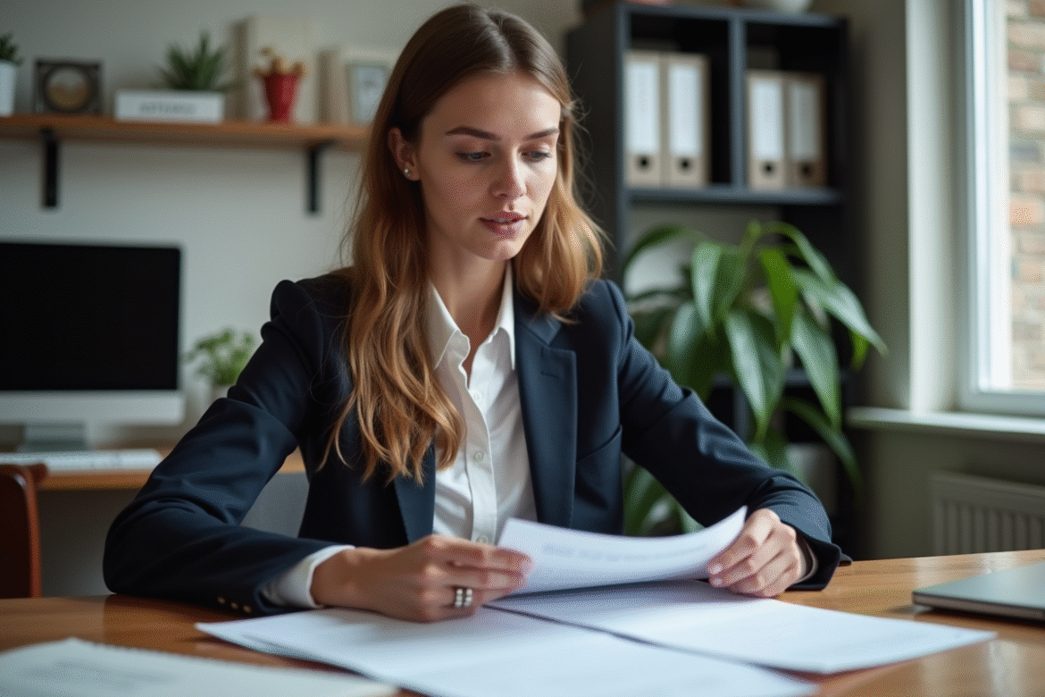 Jeune femme professionnelle examinant des documents de certification