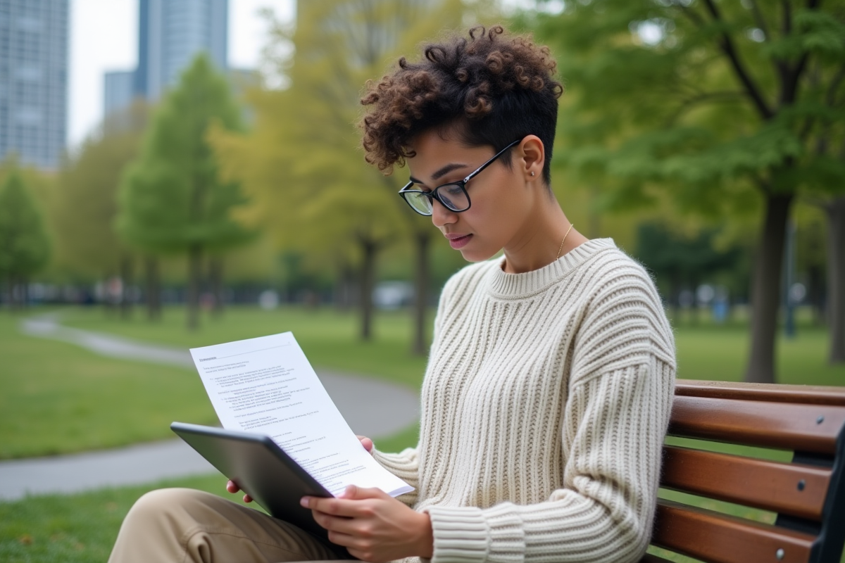 Femme codeuse en plein air avec tablette et cheat sheet