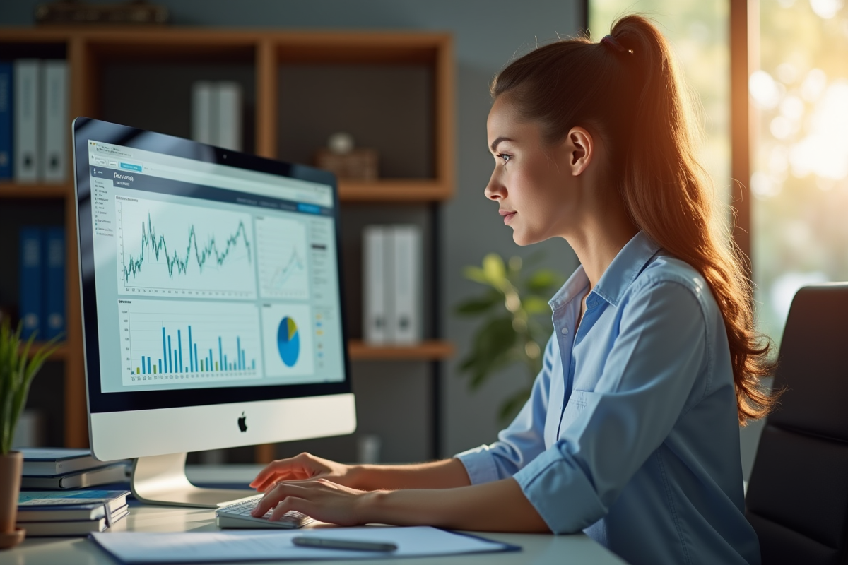 Femme concentrée travaillant avec des graphiques financiers sur son ordinateur