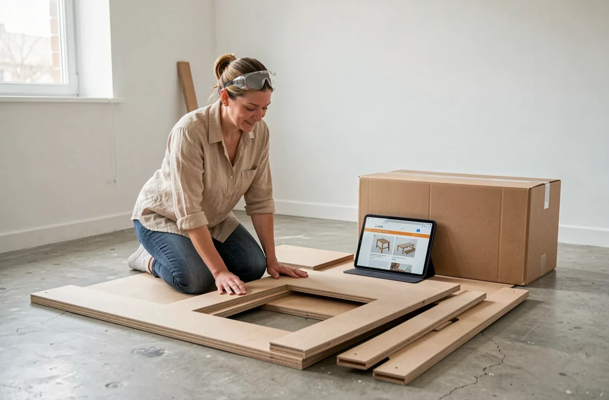 Femme suivant un cours en ligne de bricolage sur tablette pour assembler un meuble en évitant les erreurs courantes