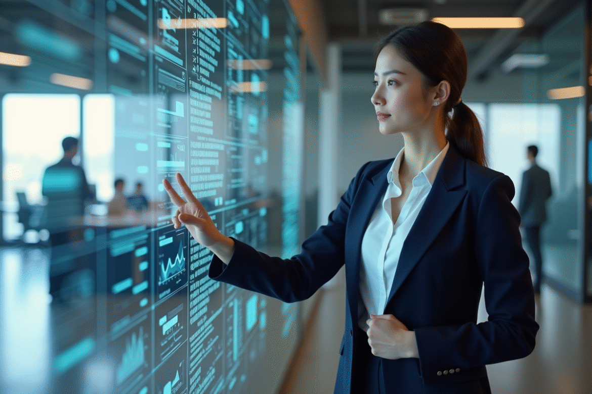 Jeune femme en business attire devant un affichage digital futuriste