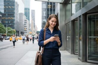 Jeune femme souriante devant un bureau moderne en ville