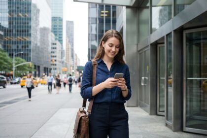 Jeune femme souriante devant un bureau moderne en ville