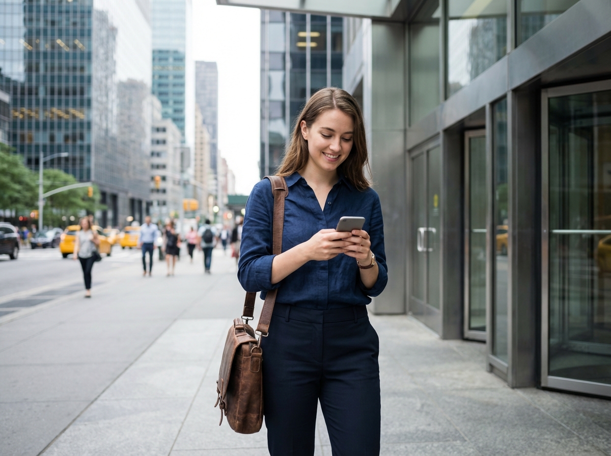 Jeune femme souriante devant un bureau moderne en ville