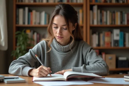 Femme étudiant la grammaire française avec un livre ouvert et un crayon dans un bureau cosy