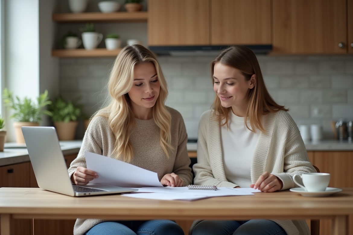Mère et fille discutant de documents dans la cuisine