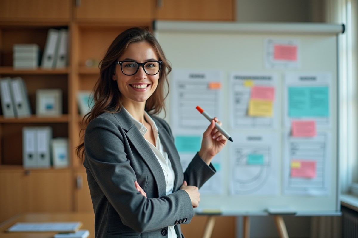 Femme formatrice souriante devant un tableau coloré