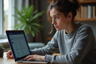 Femme analysant une formation en ligne sur ordinateur portable, expression dubitative face aux promesses d'une plateforme de formation professionnelle