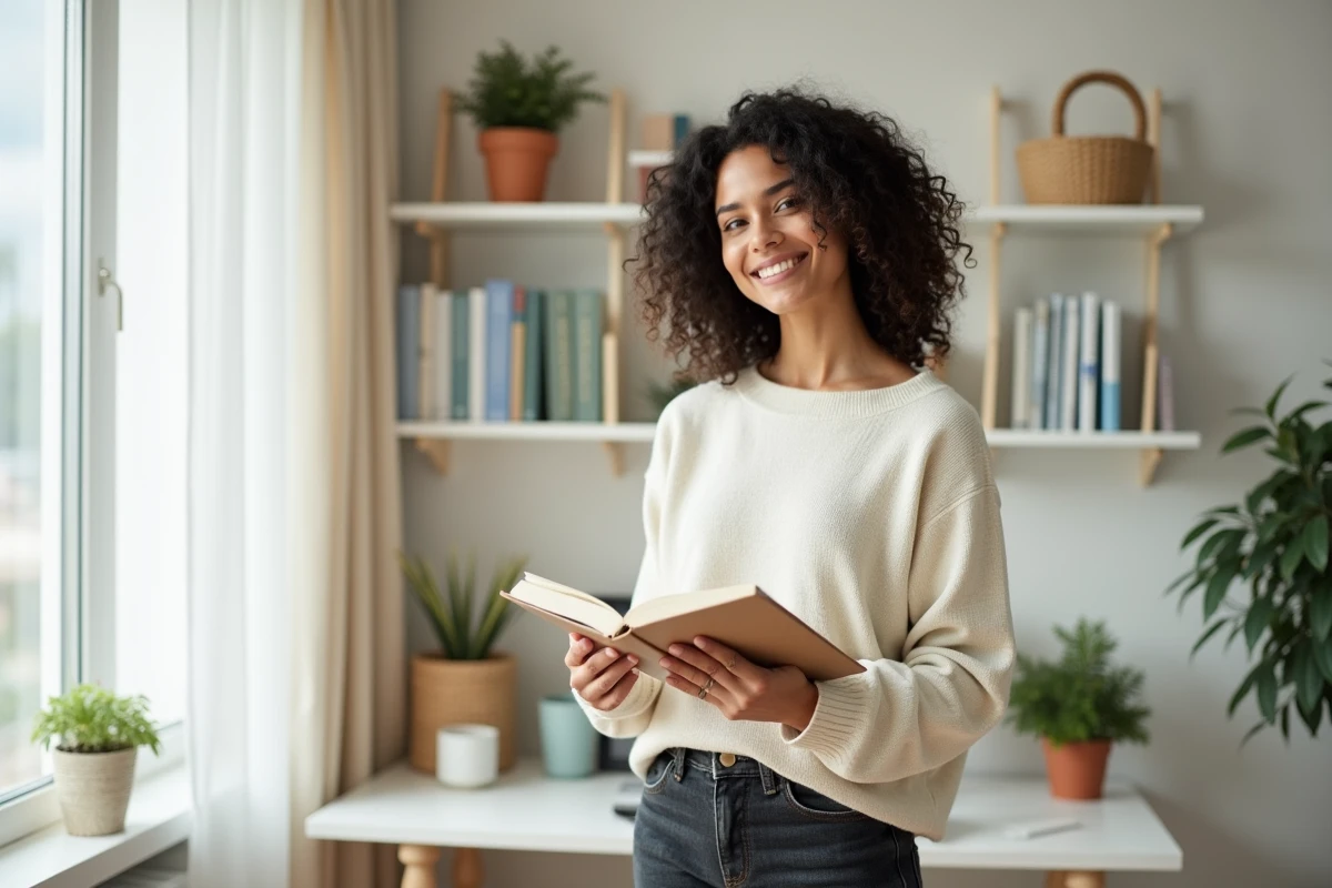 Jeune femme épanouie avec un journal dans un bureau à domicile, développement personnel et affirmation de soi